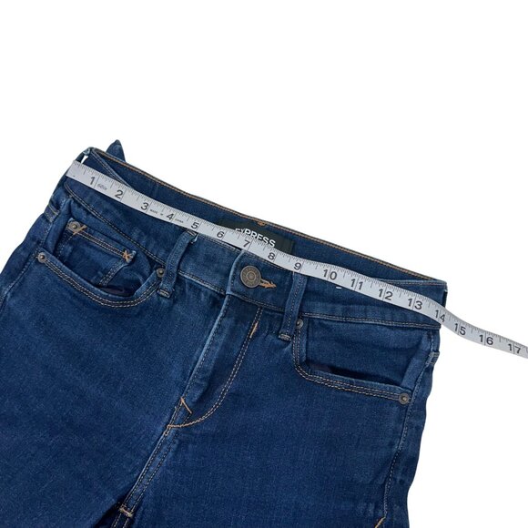 Express Women Mid Rise Stretch Denim Legging Jeans SZ 2 Short Dark Wash - Picture 4 of 10